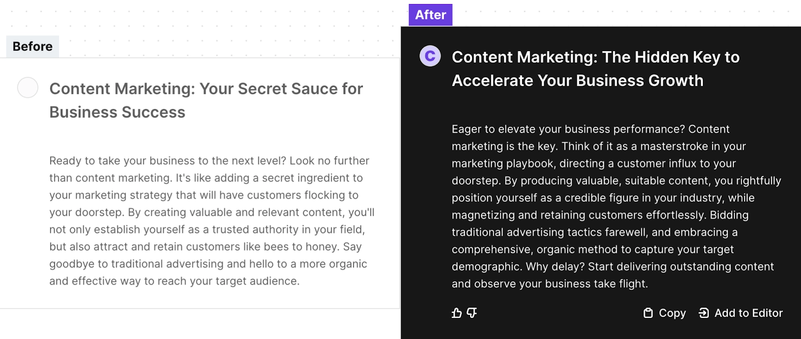 Screenshot of before and after image of Copy.ai’s text generation