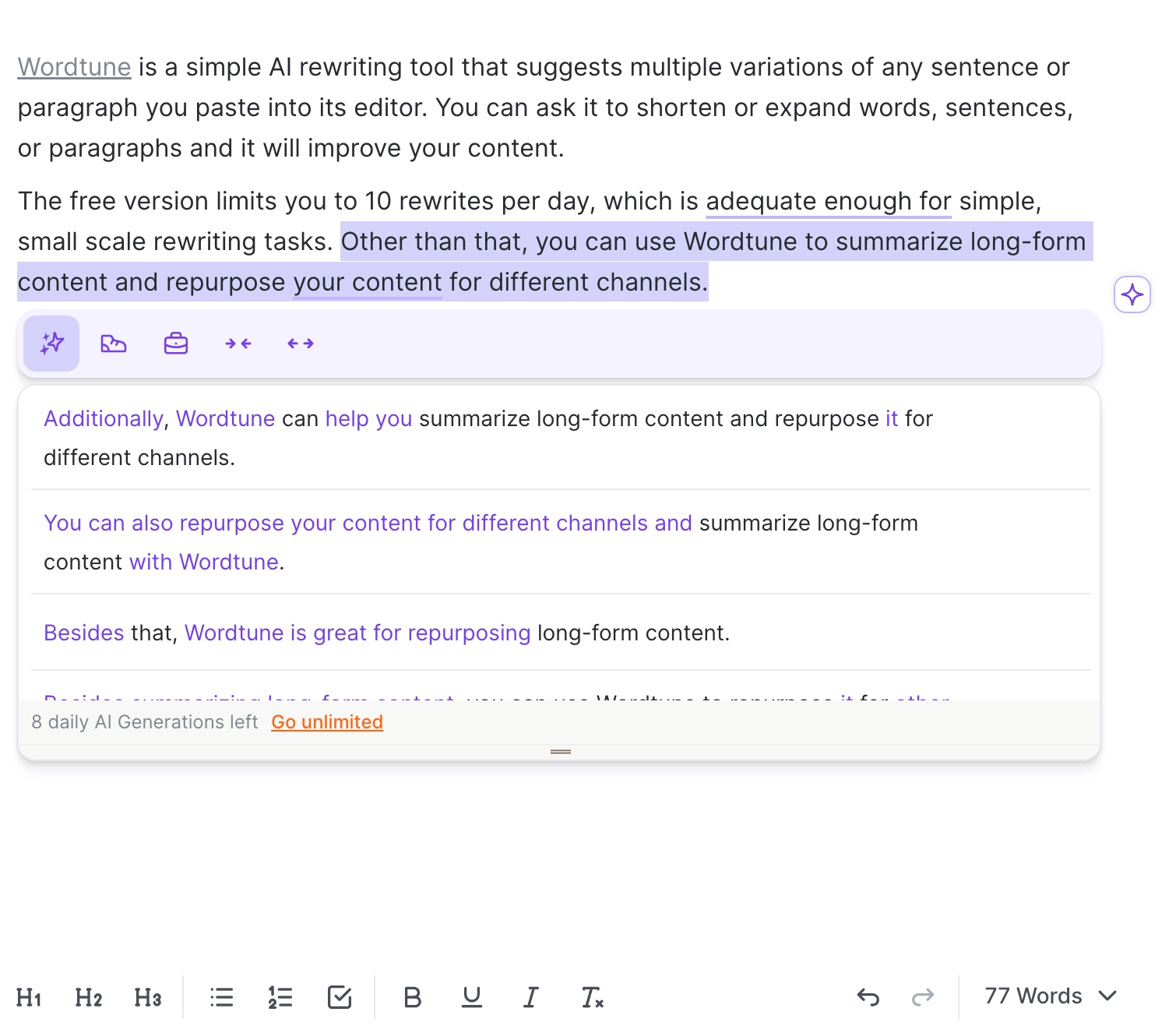 Screenshot of Wordtune’s rewriting tool in action