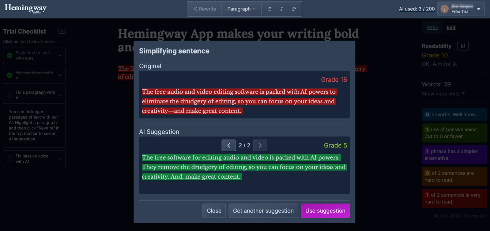 Image of user trying HemingwayAI’s rewriting tool