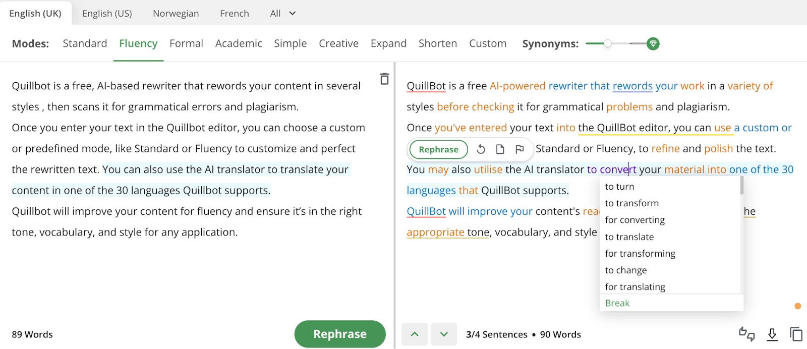 Screenshot of Quillbot’s writing interface