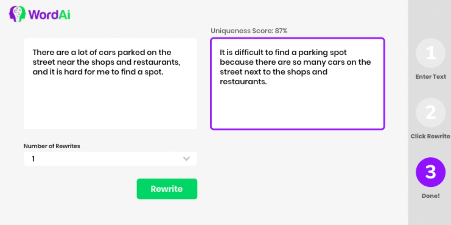 Screenshot of WordAI’s rewriting tool with uniqueness score