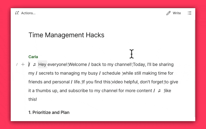 GIF showing Descript’s AI writer tool in action