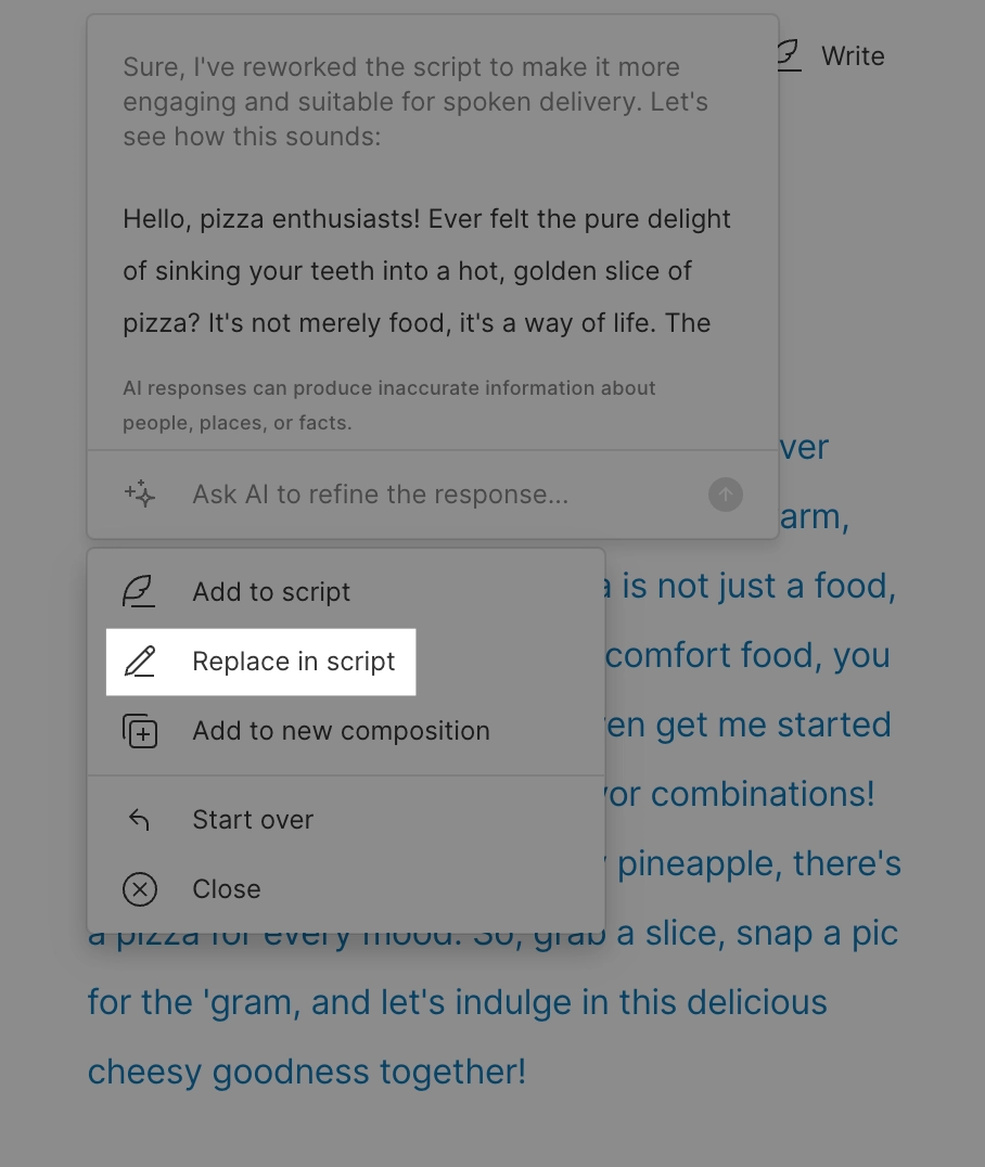 Selecting Replace in script in Descript dashboard