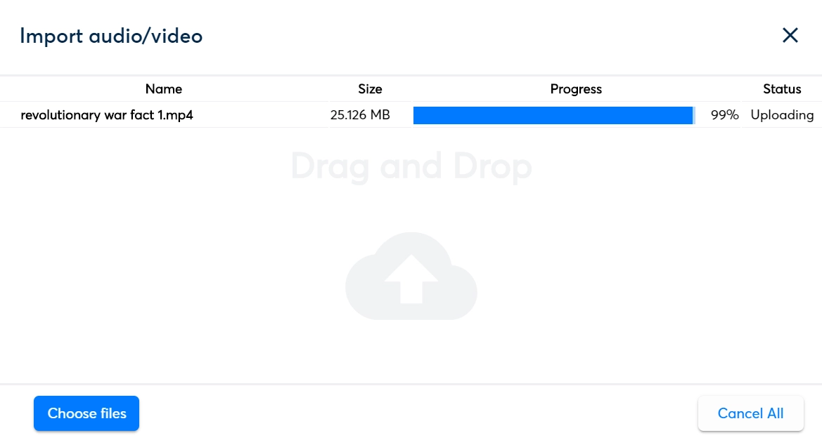 Image of Otter’s upload screen for adding a video project