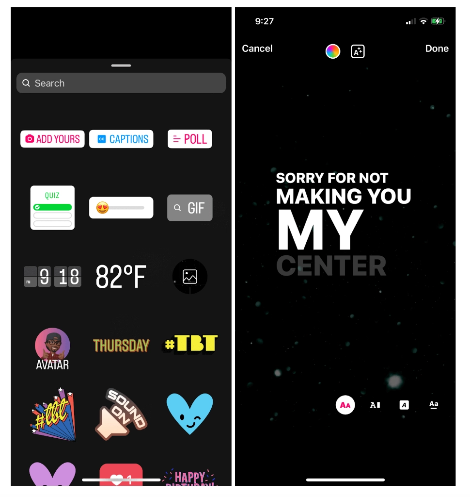 Image of user adding captions to an Instagram tory