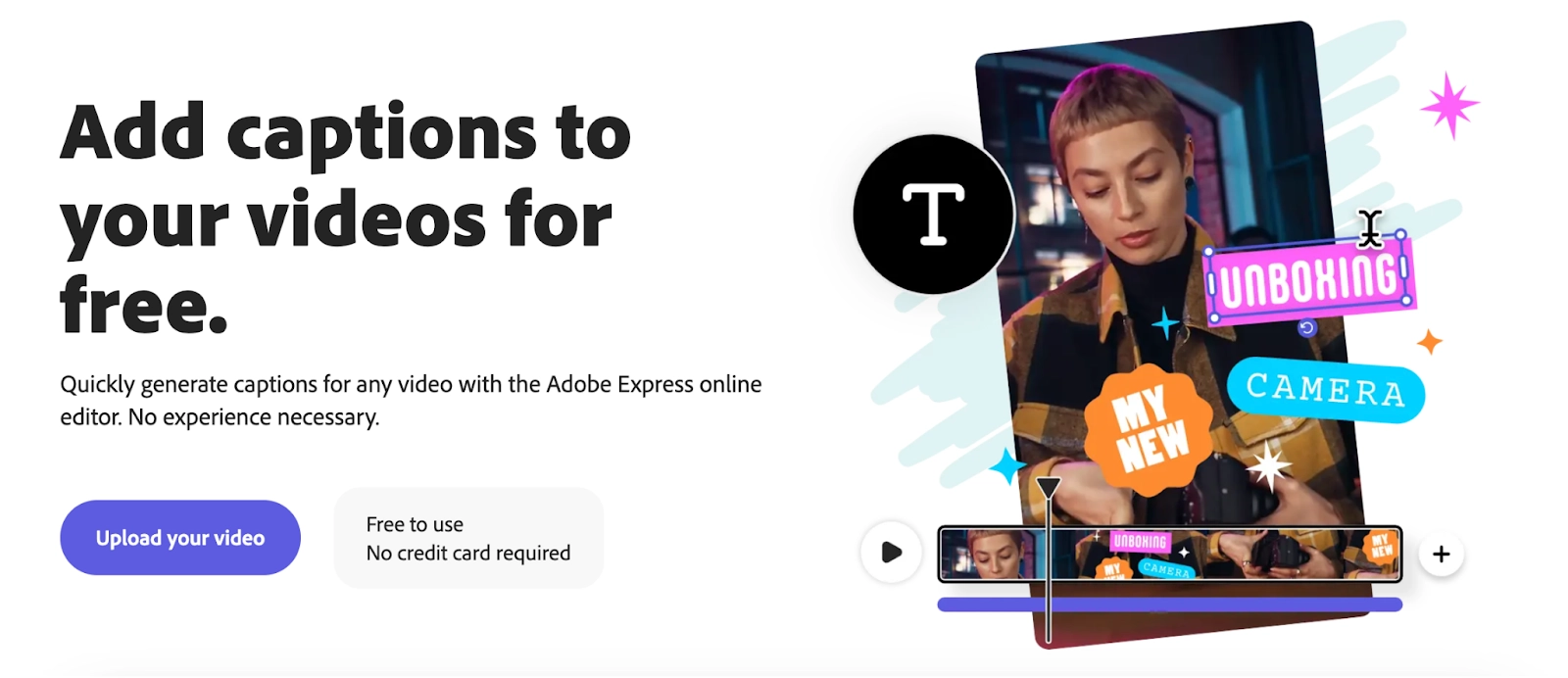 Landing page for Adobe where user can upload a video and add subtitles for free