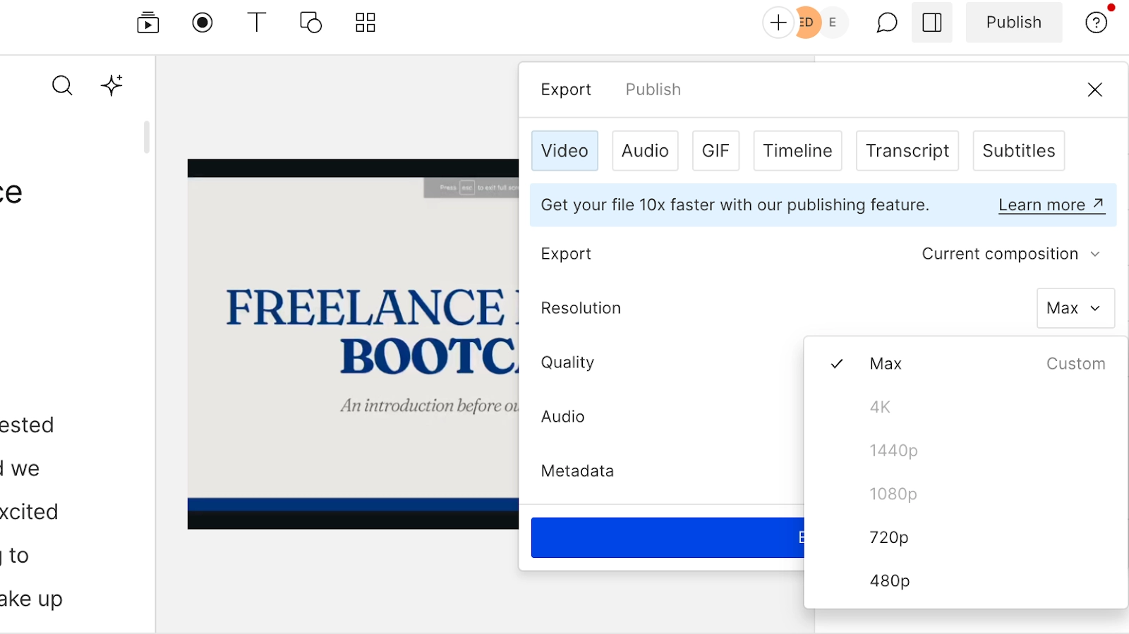 Setting a video’s resolution in Descript
