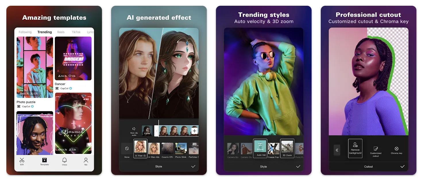 Four photos showing CapCut’s IG video editing features