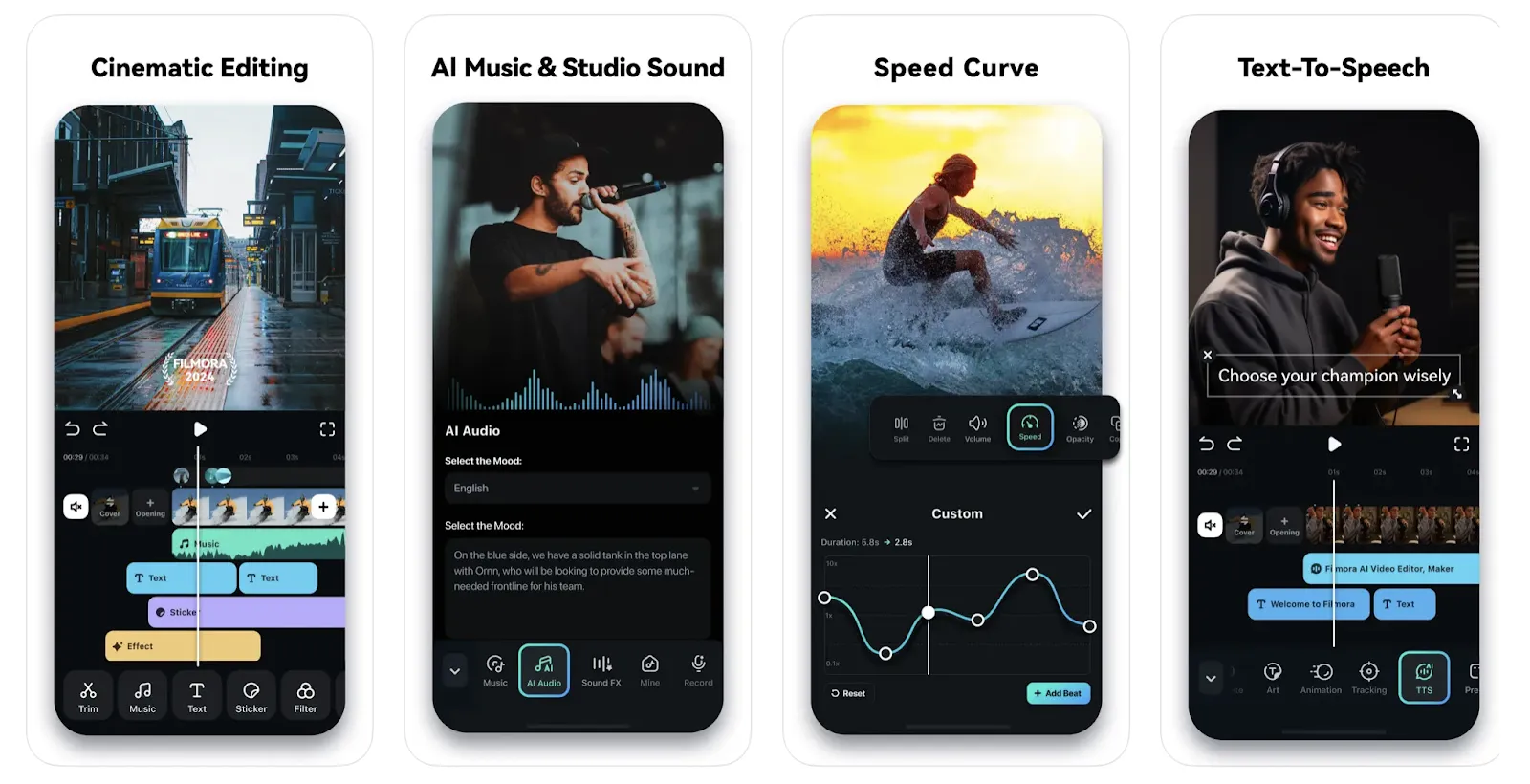 Four photos side by side showing FilmoraGo’s video editing features