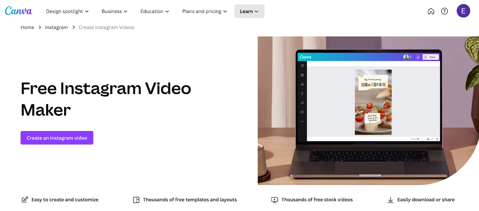 Landing page for Canva’s free instagram video maker tool