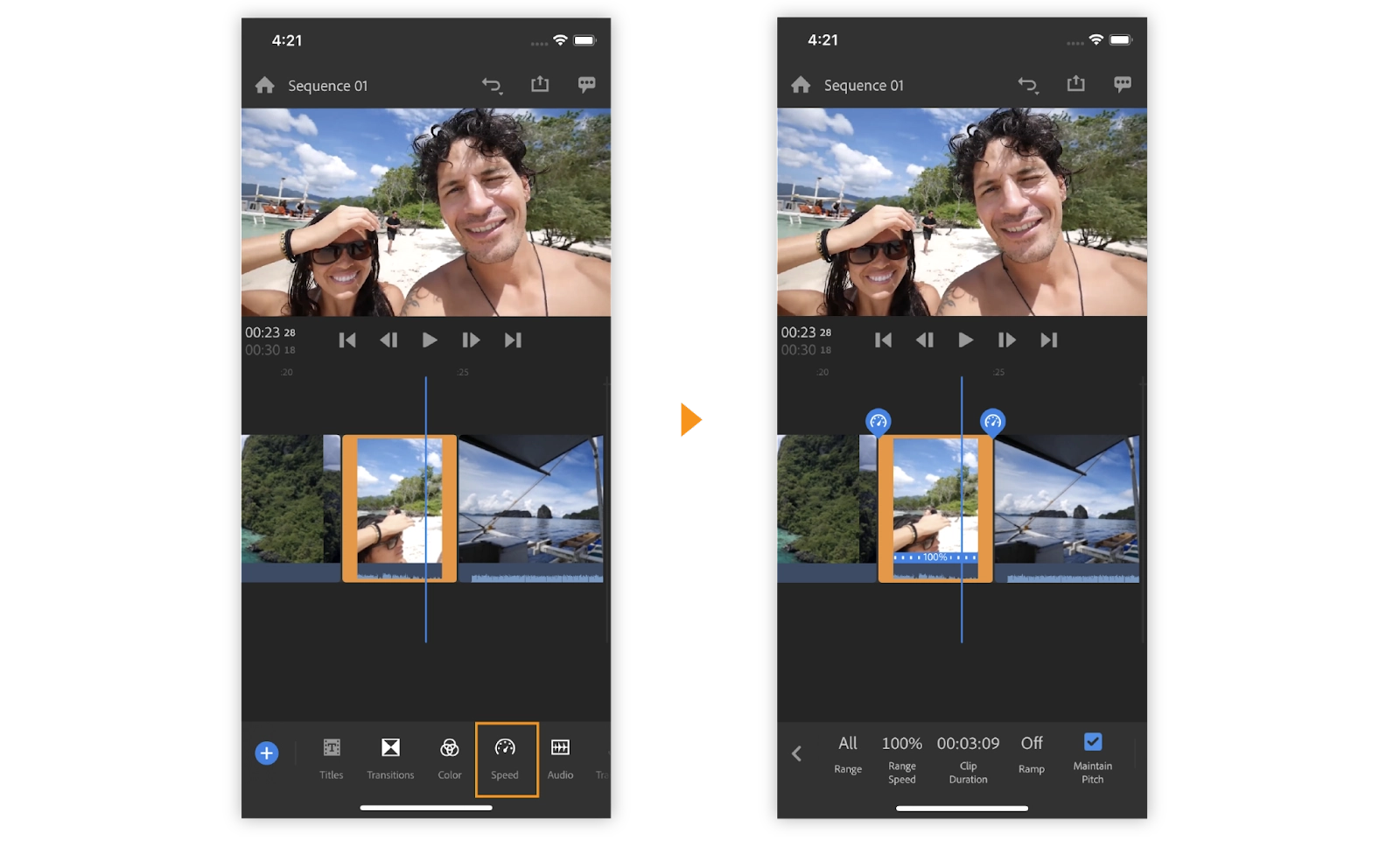 Side by side images showing Adobe Premiere Rush’s editing tool