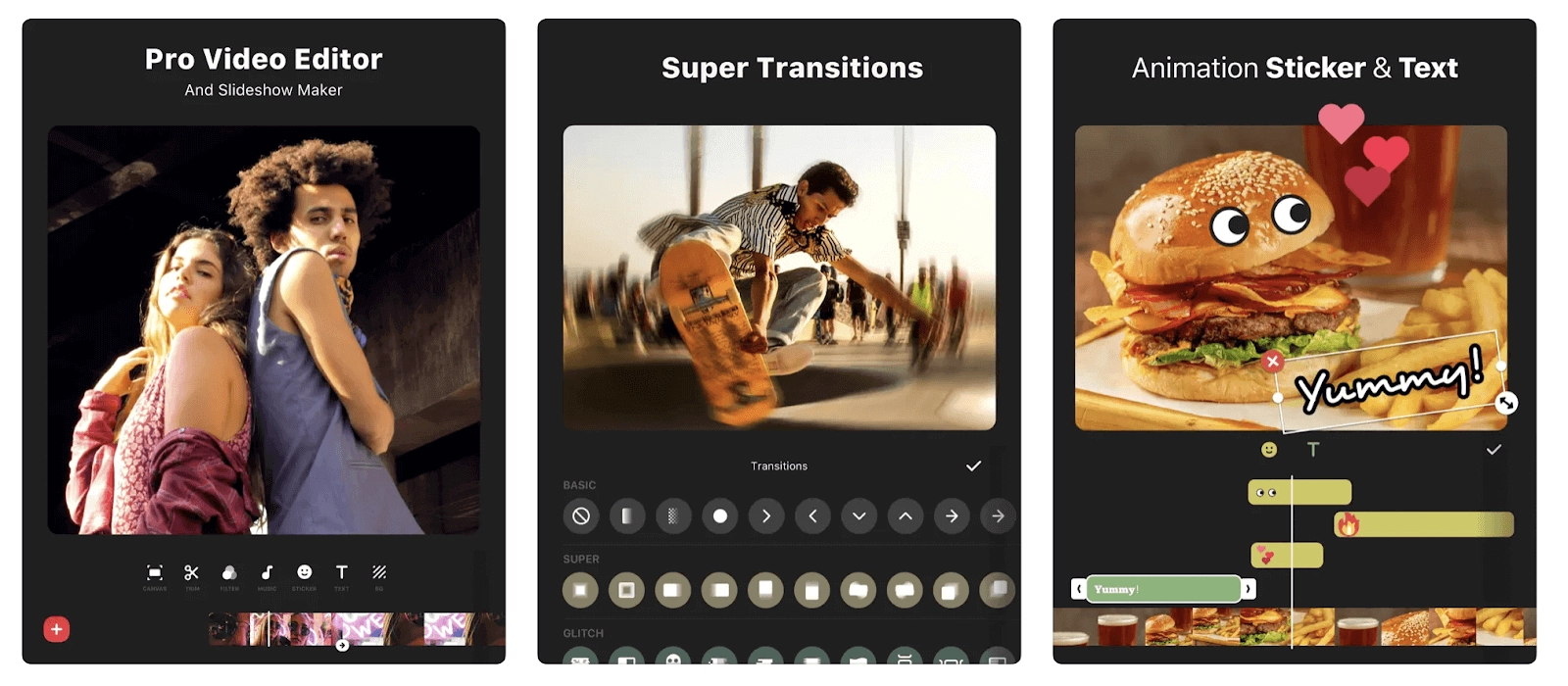 Three images showing InShot’s Instagram video editing features