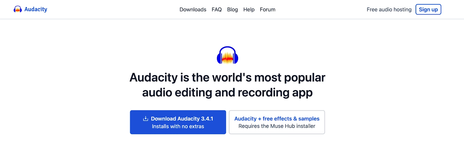 Image of Audacity podcast recording software homepage