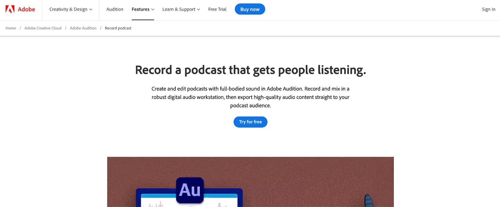 Image of Adobe Audition recording software homepage