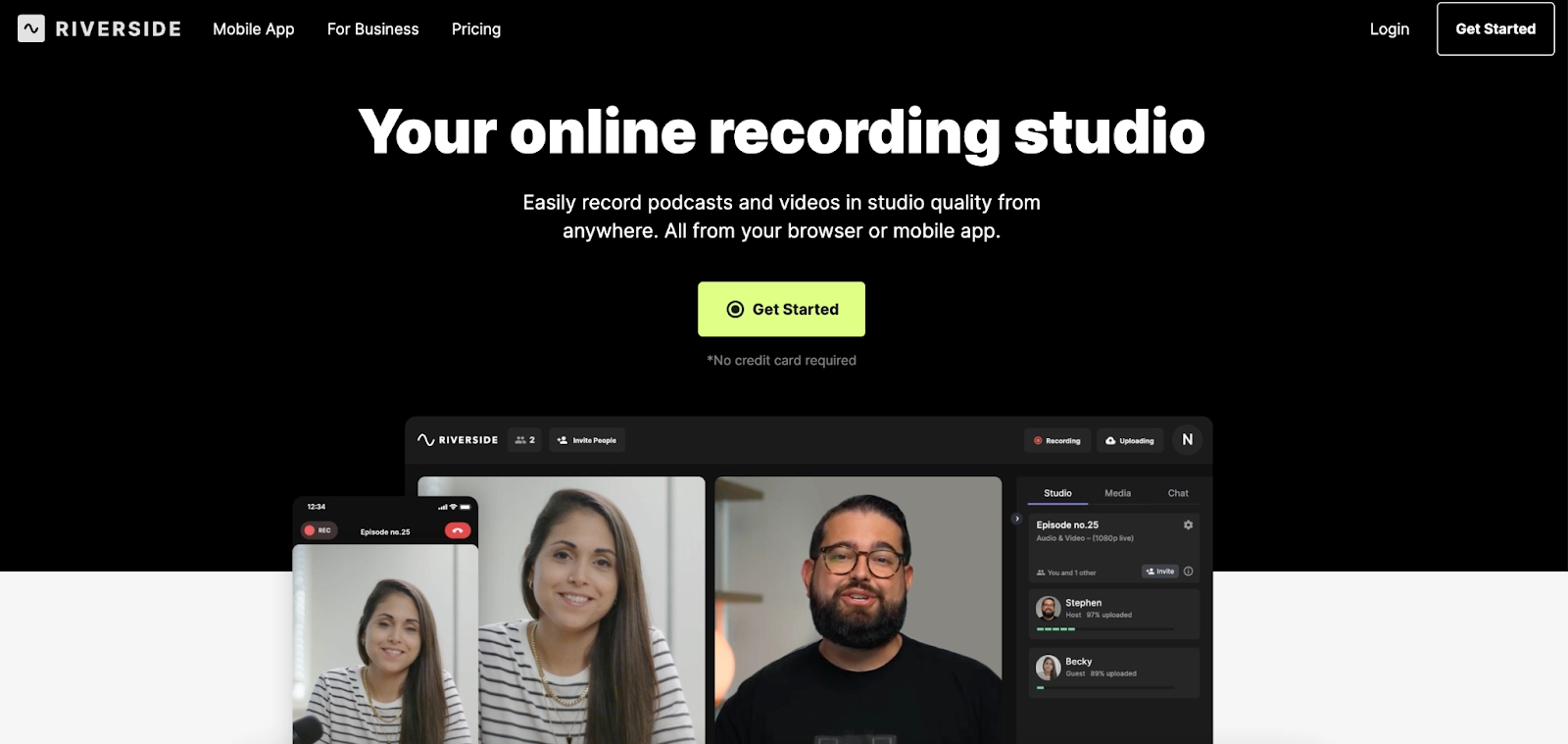Screenshot of Riverside, a podcast recording software, landing page