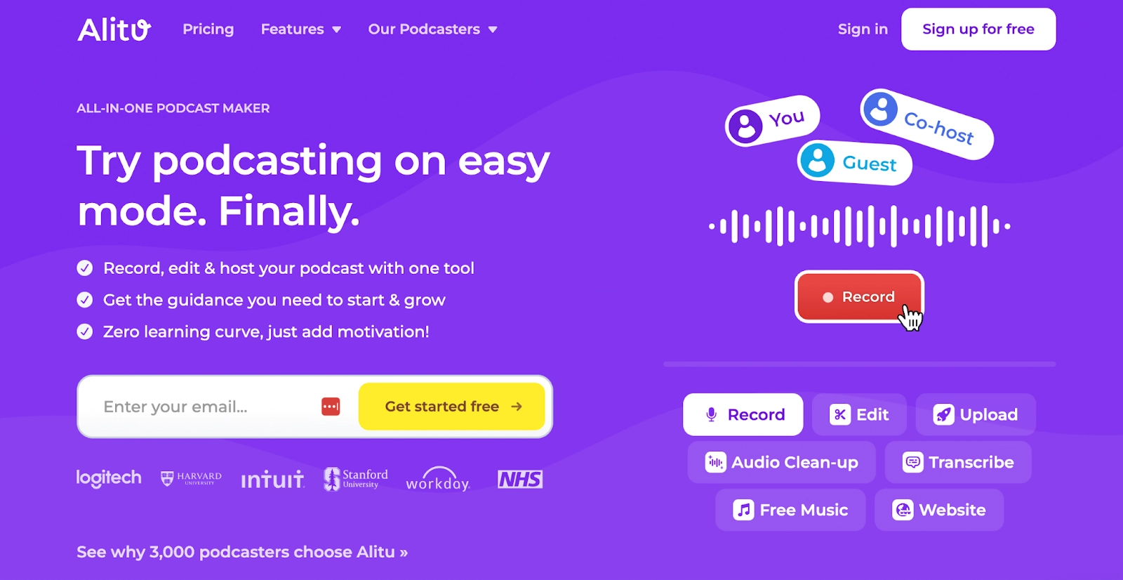 Image of Alitu, a cheap podcast recording software, homepage