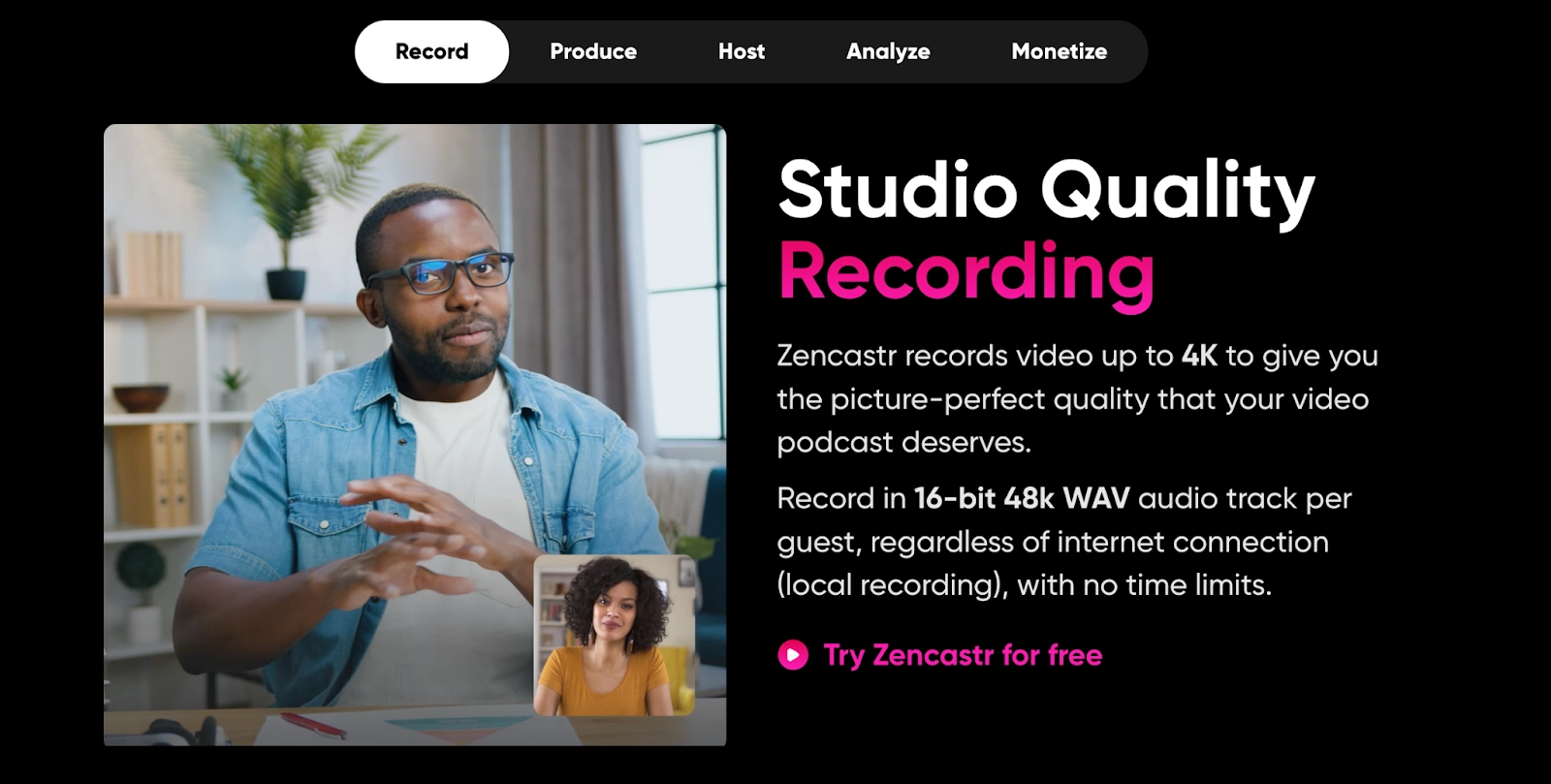 Zencastr podcast recording software landing page 
