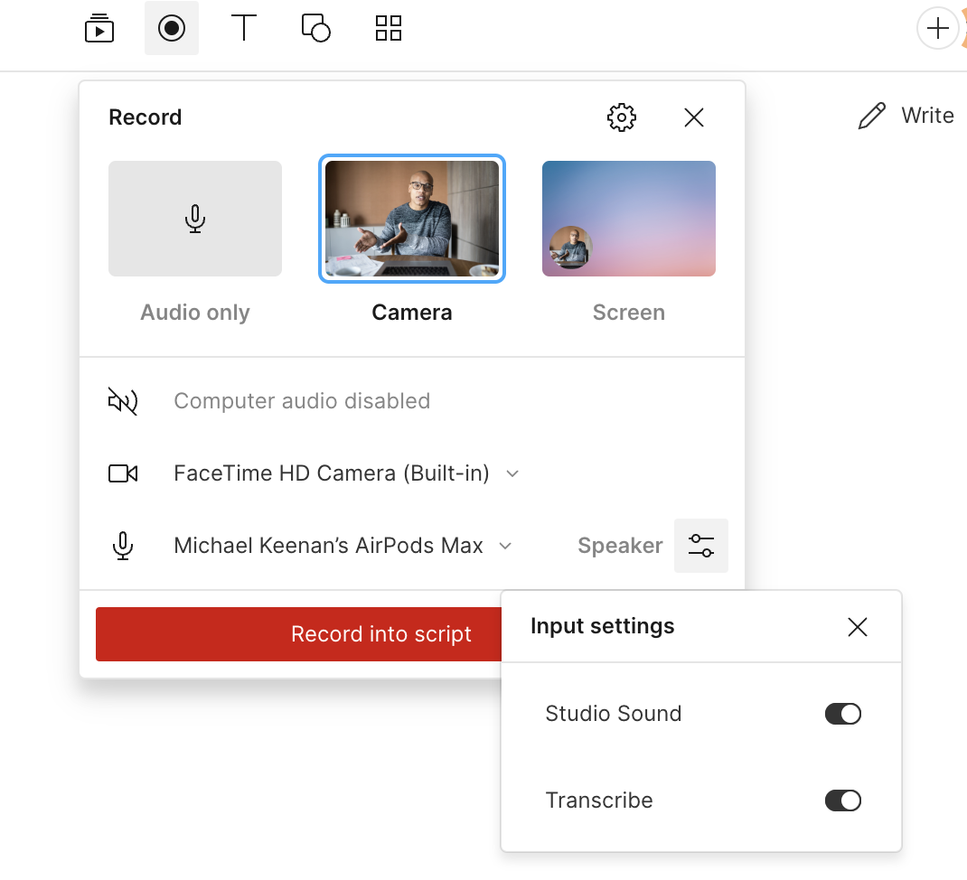 User turning on Studio Sound setting in Descript