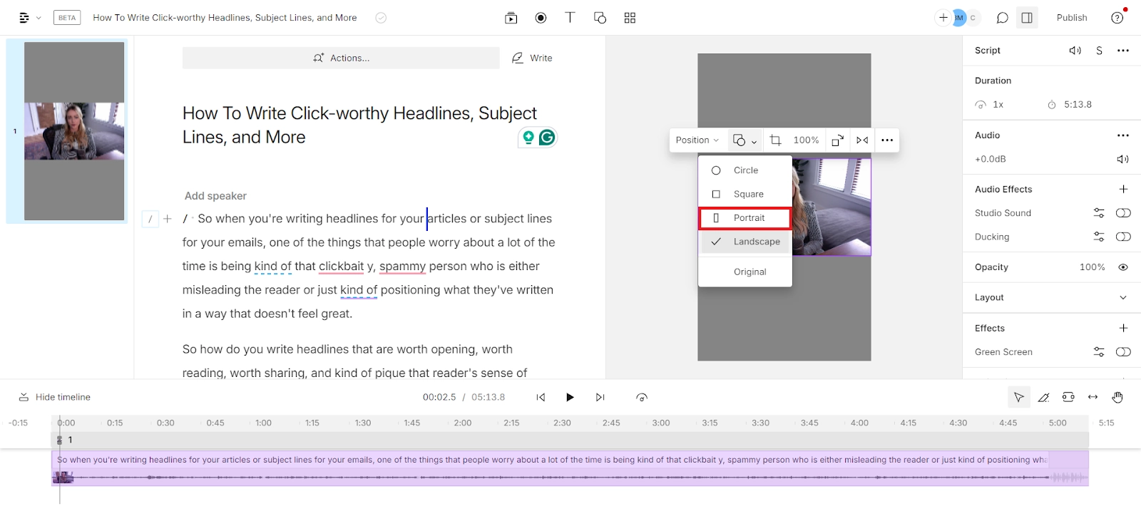 Descript screenshot changing the shape of the video