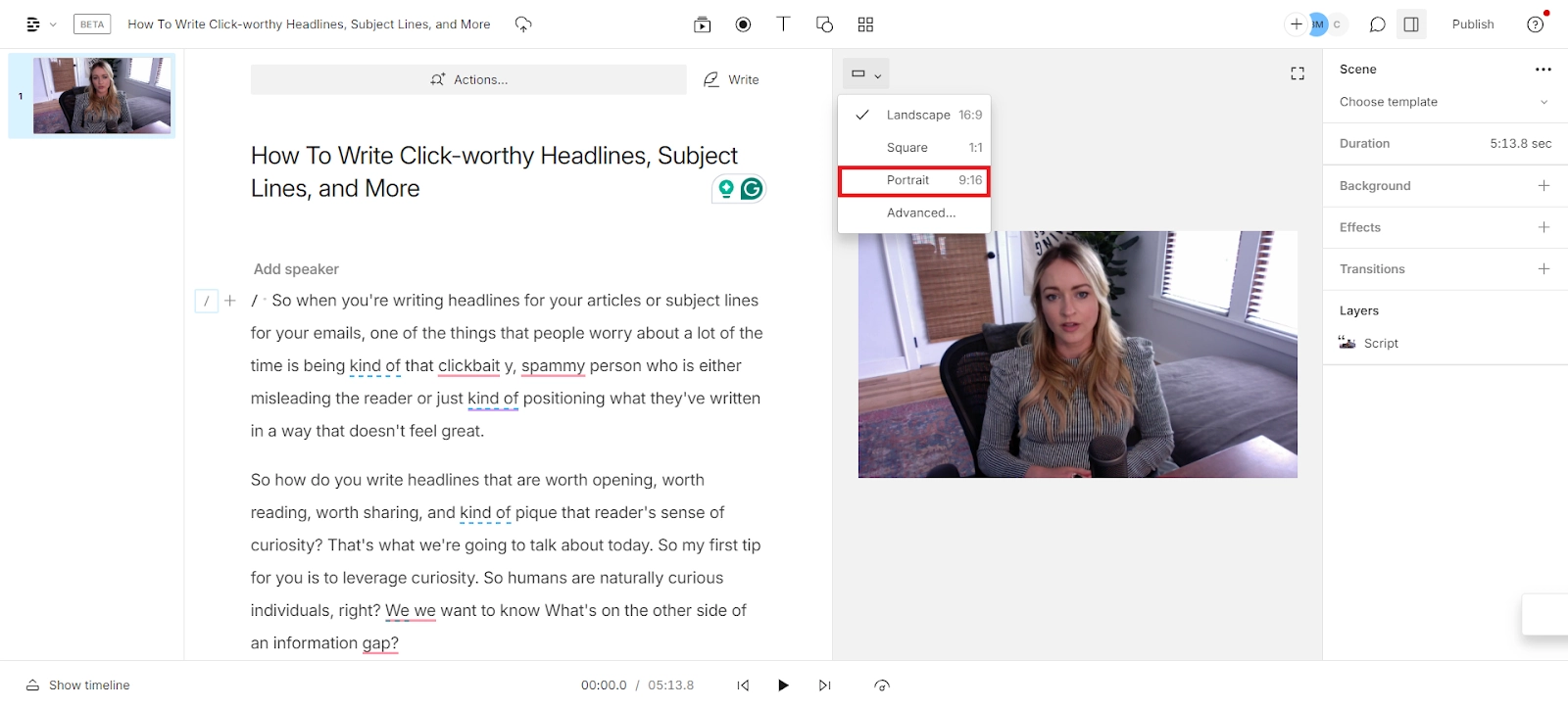 Screenshot of changing video orientation in Descript