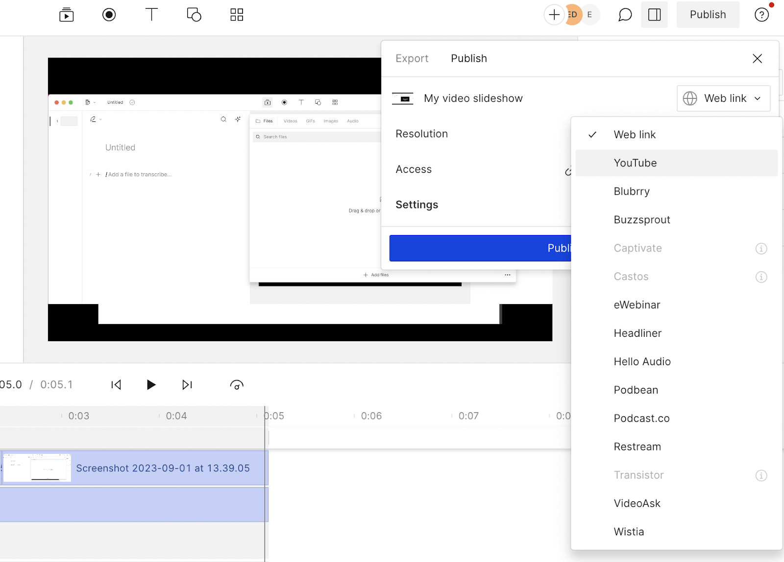 Publishing video to YouTube in Descript.