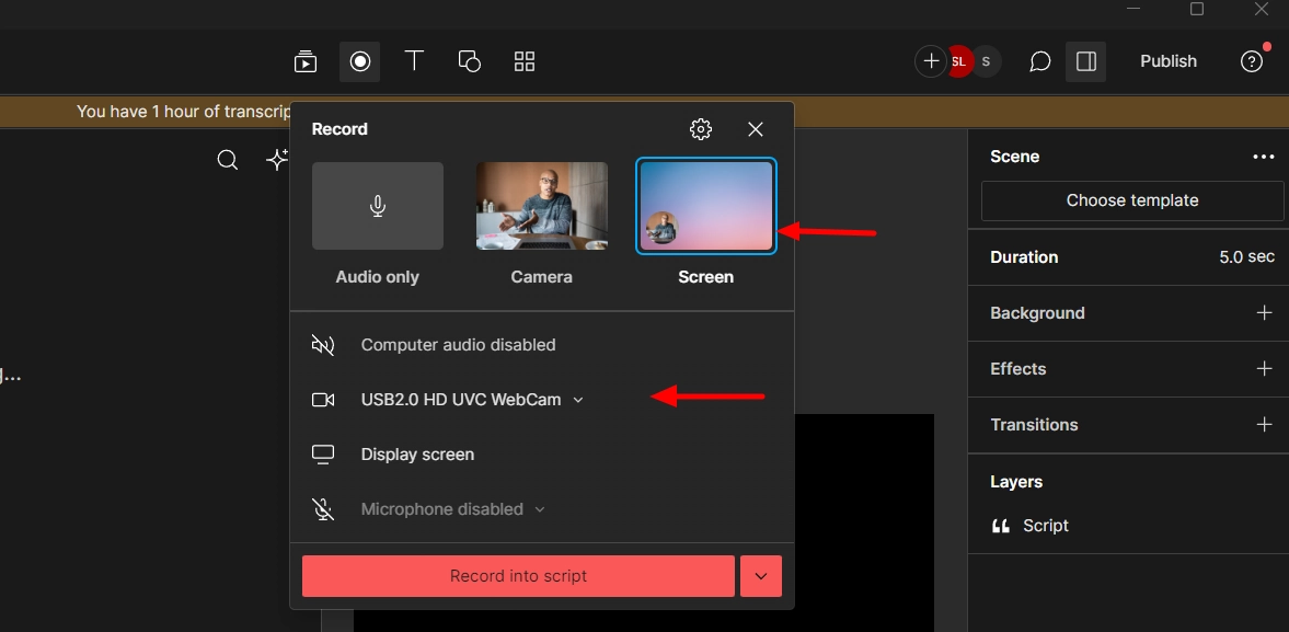 User selecting the record screen option in Descript 