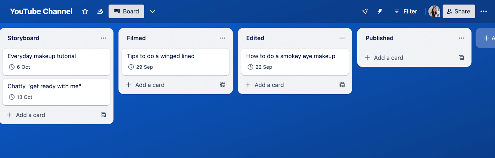 A Trello board example for YouTube channel ideas