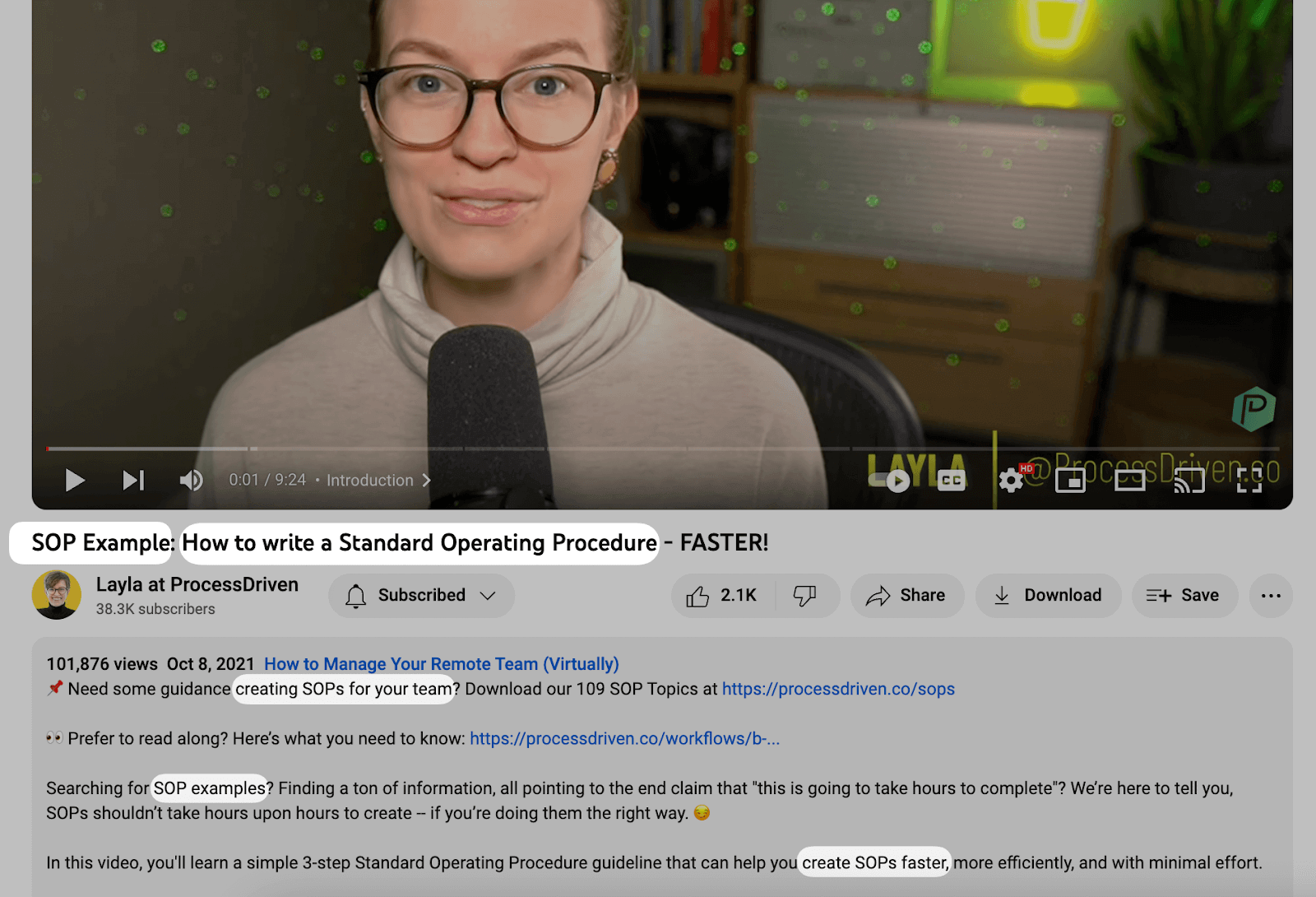 YouTuber Layla at ProcessDriven’s description for a YouTube video