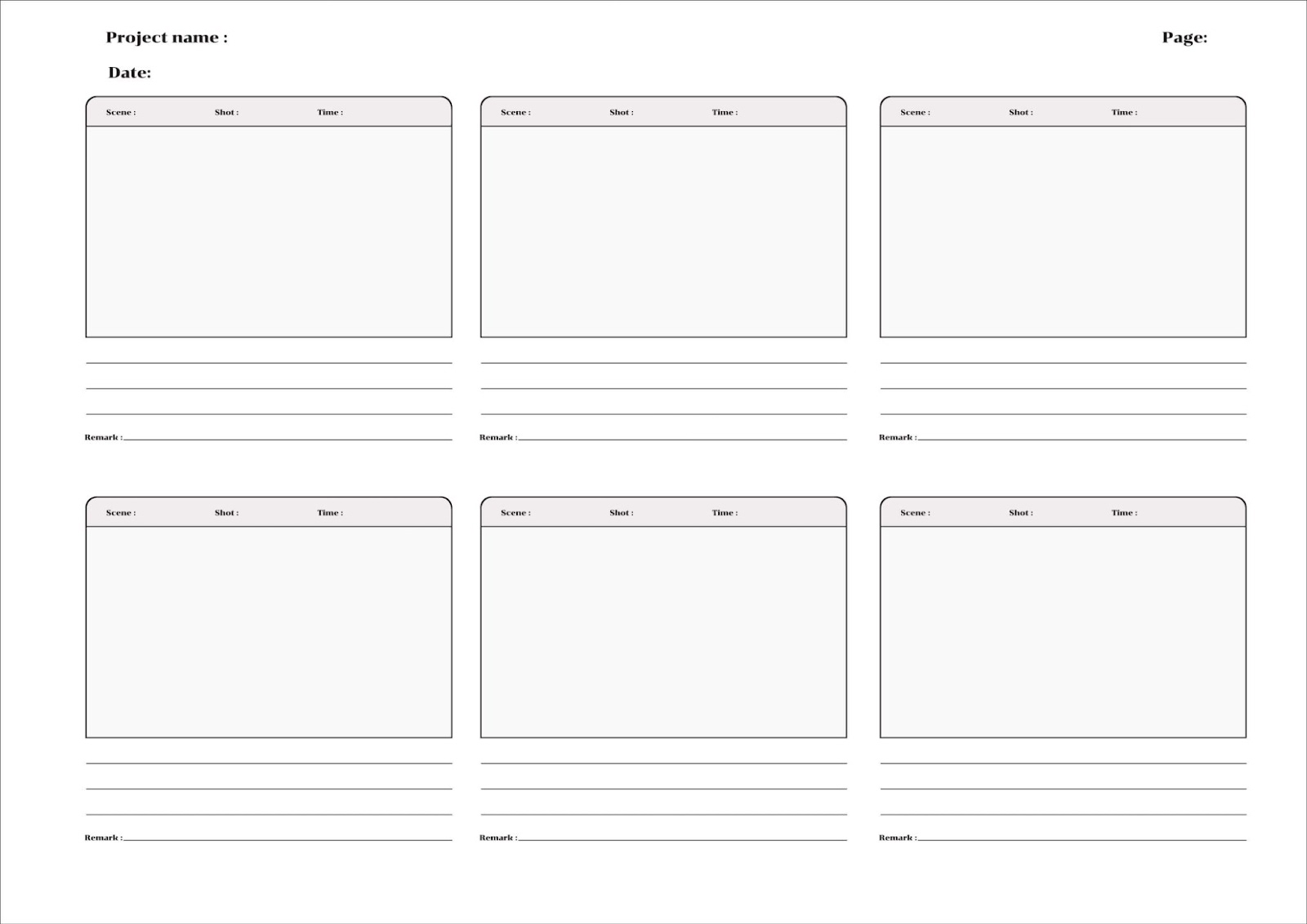 Example of an empty storyboard with six scenes