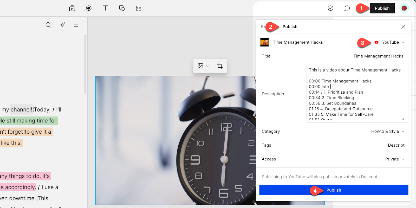 User uploading video to YouTube directly from Descript