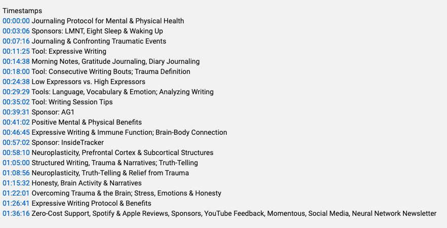 Screenshot of timestamps within a YouTube description 