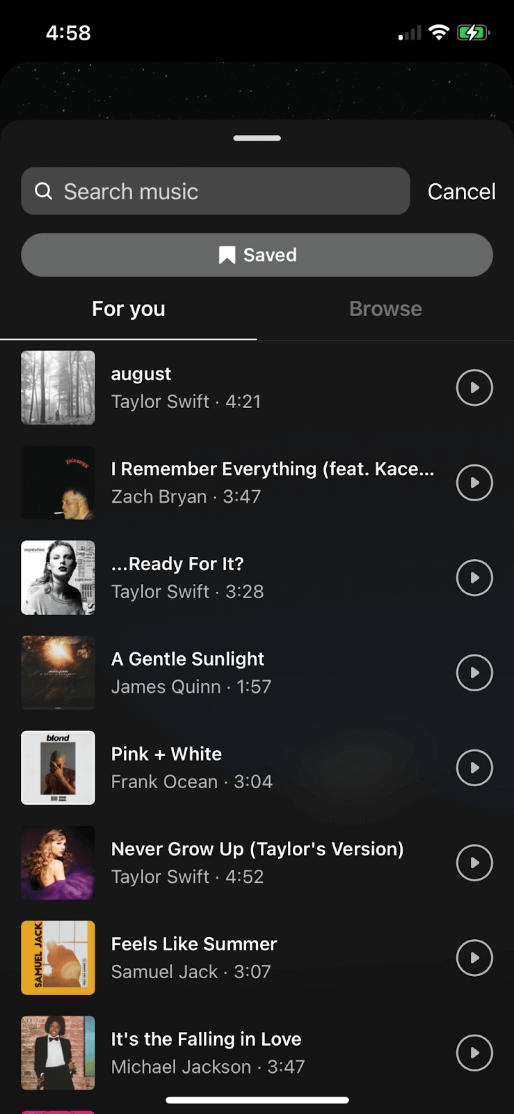 Choosing music for sticker on Instagram