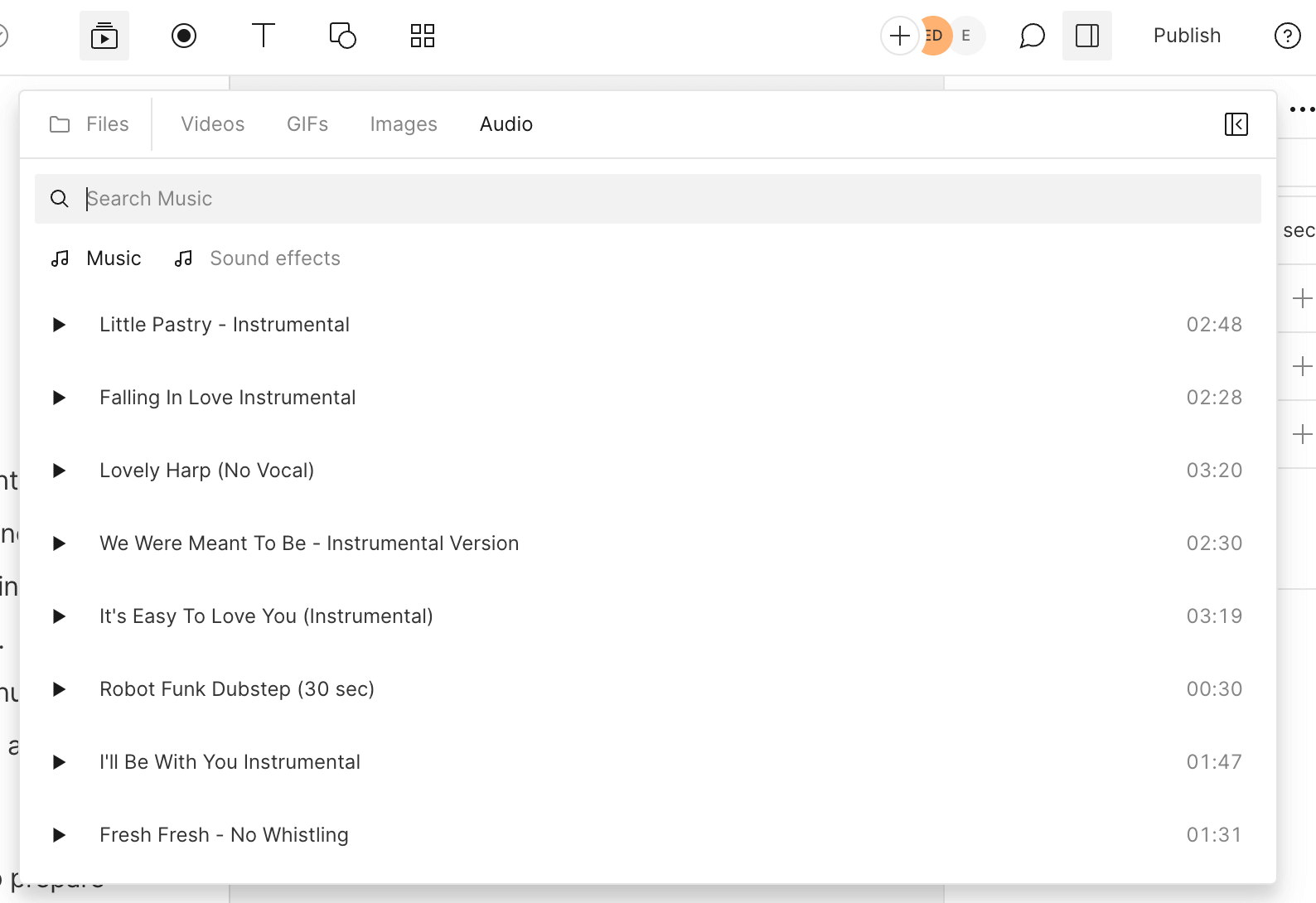 Searching for royalty-free music and sound effects in Descript’s media library
