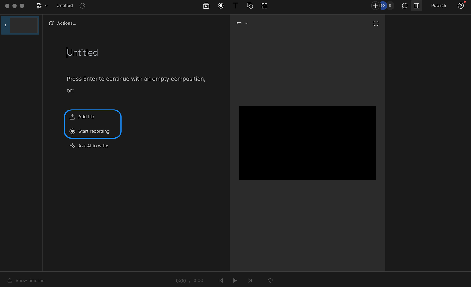 Uploading a file or starting a recording in Descript dashboard