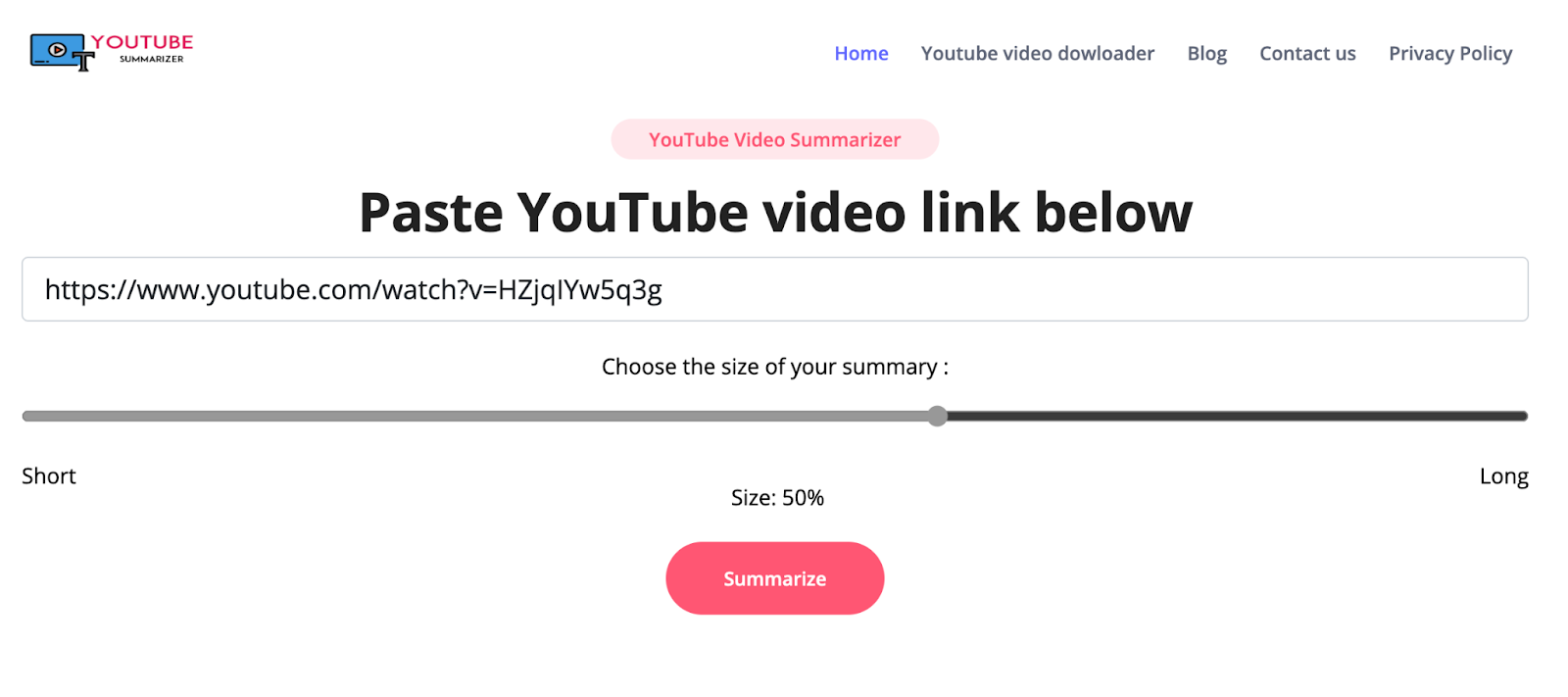 Image of YouTube Summarizer tool with YouTube URL input