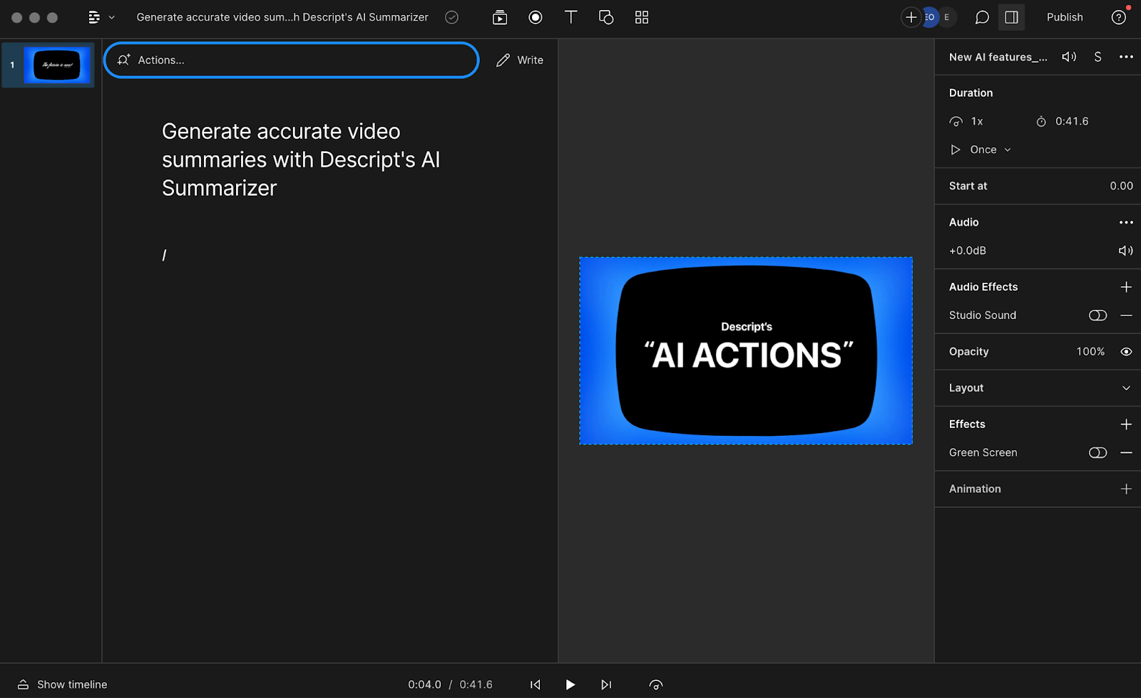 Accessing Descript’s AI Actions tool