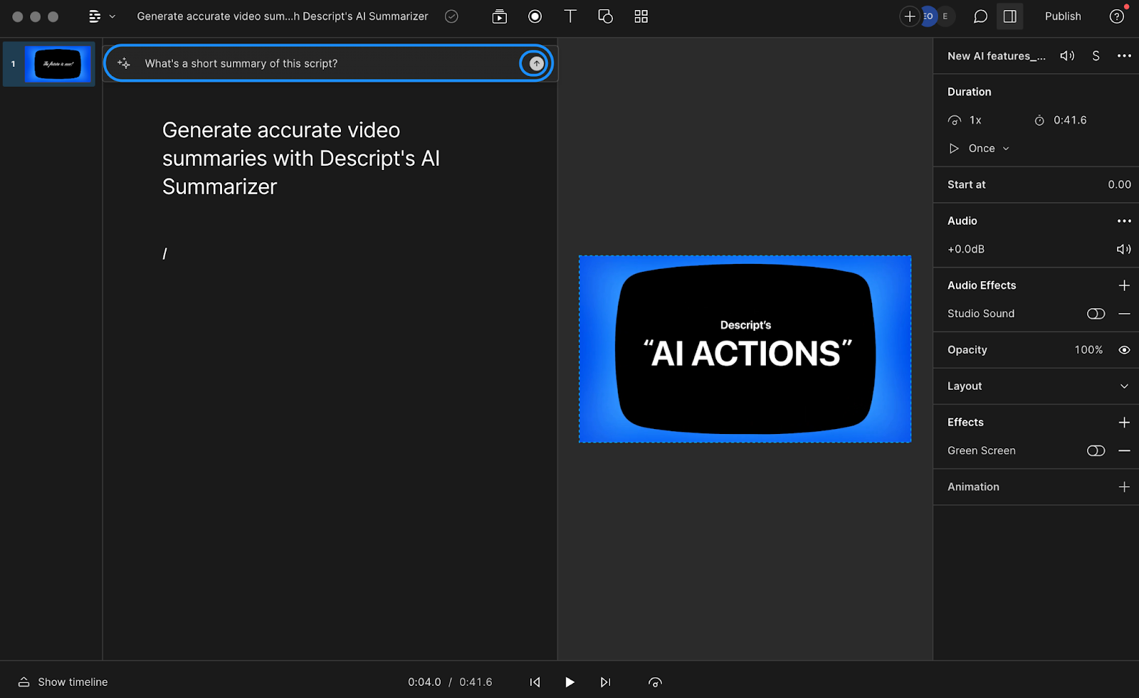 Generating a summary with Descript’s AI Summarizer 