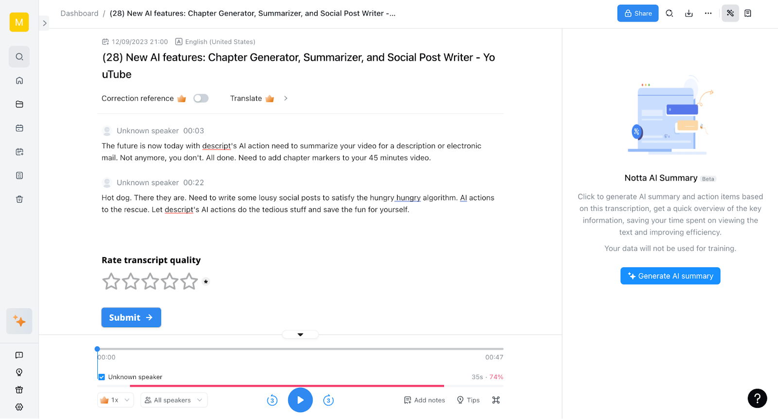 Image of Notta’s video summarizing tool