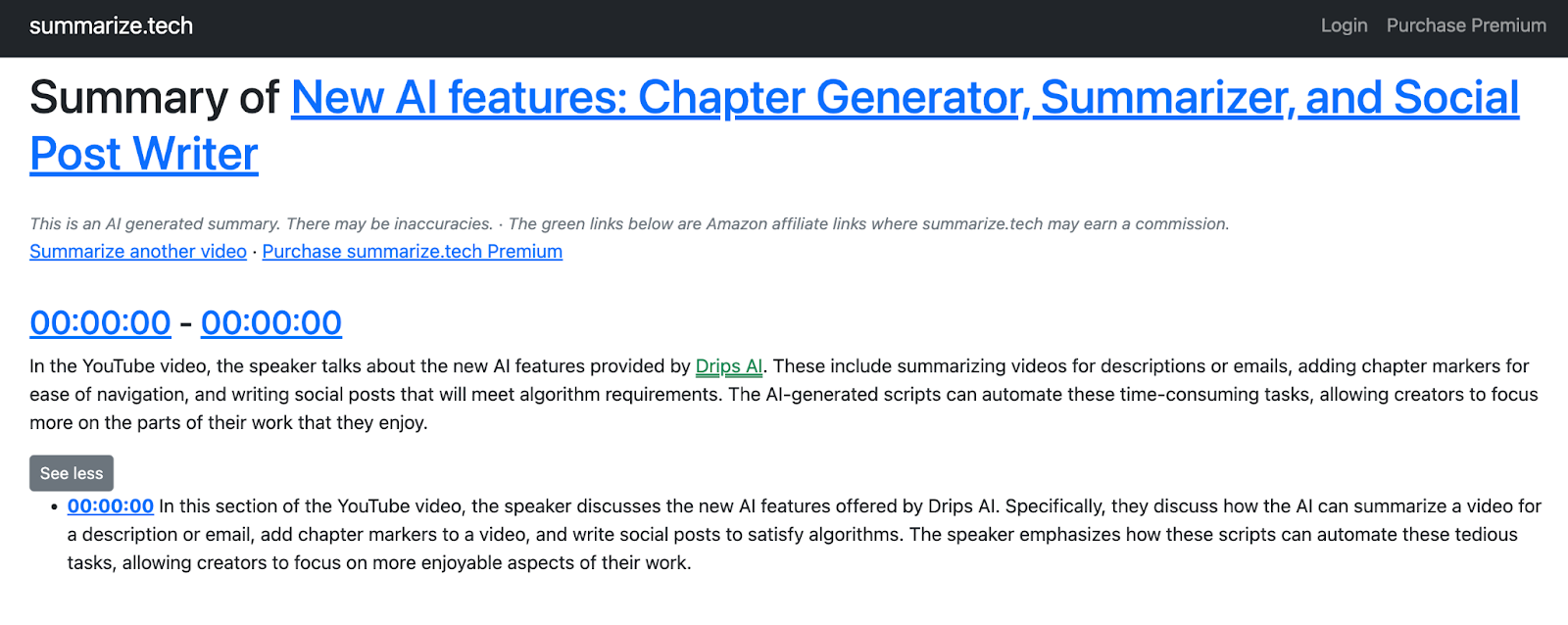 Screenshot of Summarize.tech’s interface for summarizing video content. 