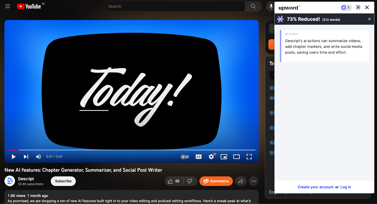 Image of Upword’s summarizing tool used with YouTube video 