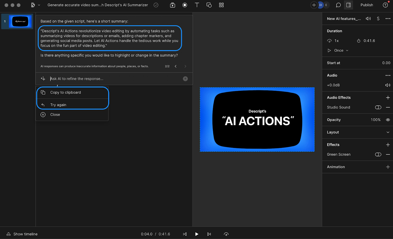 Viewing the generated summary by Descript 