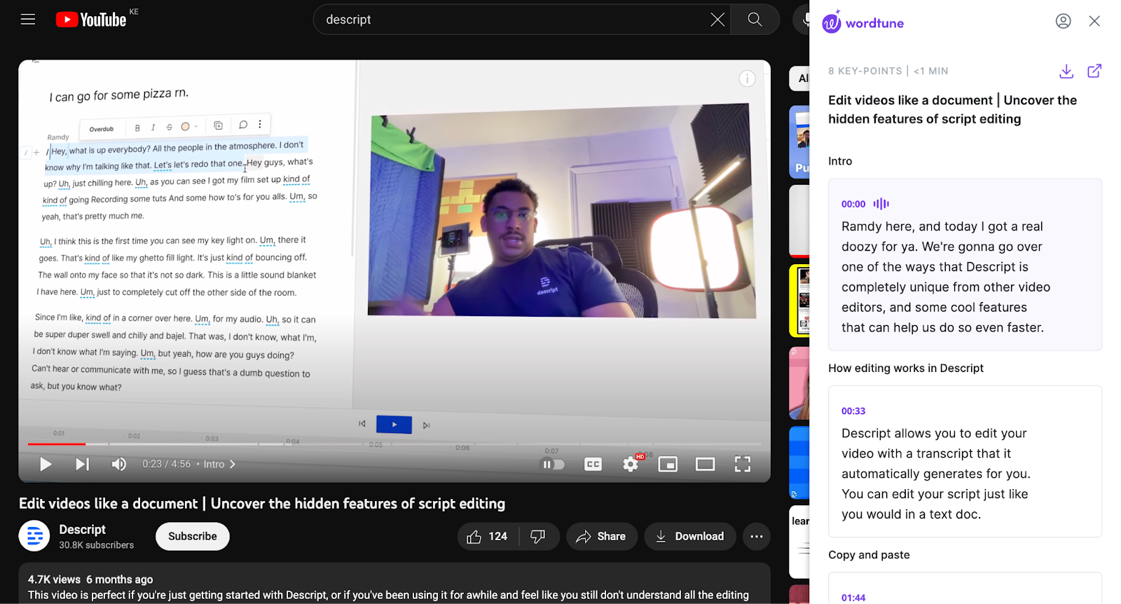 Screenshot of Wordtune summarizing a Descript YouTube video