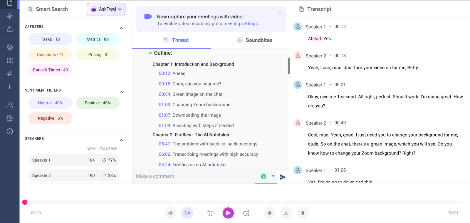 Image of Fireflies AI dashboard featuring summarizer tool