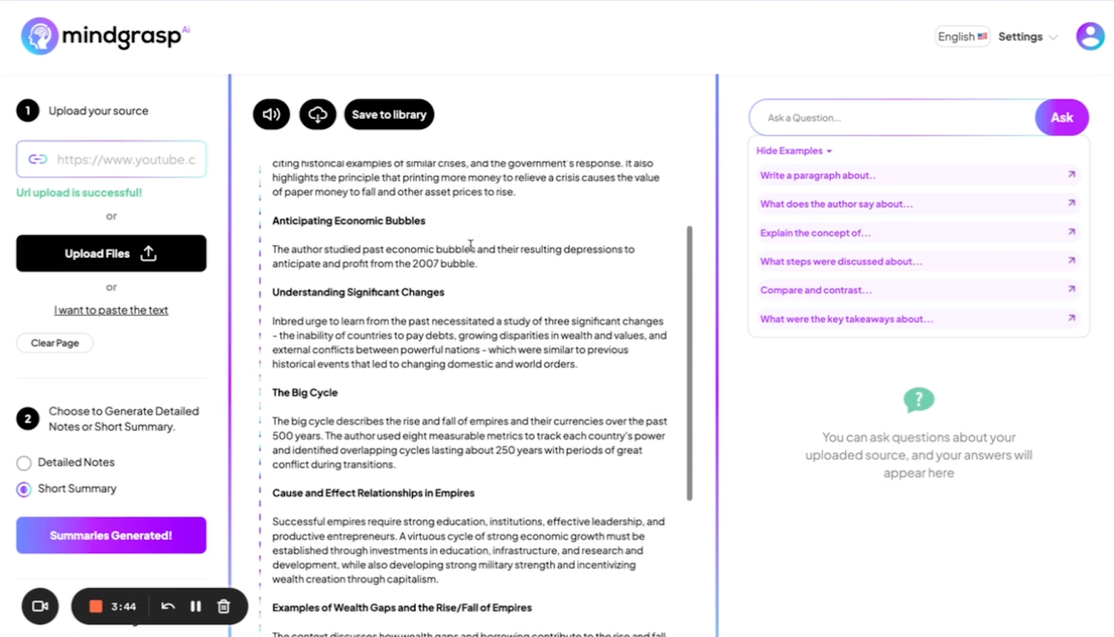 Screenshot of Mindgrasp’s dashboard featuring its summarizer tool using AI