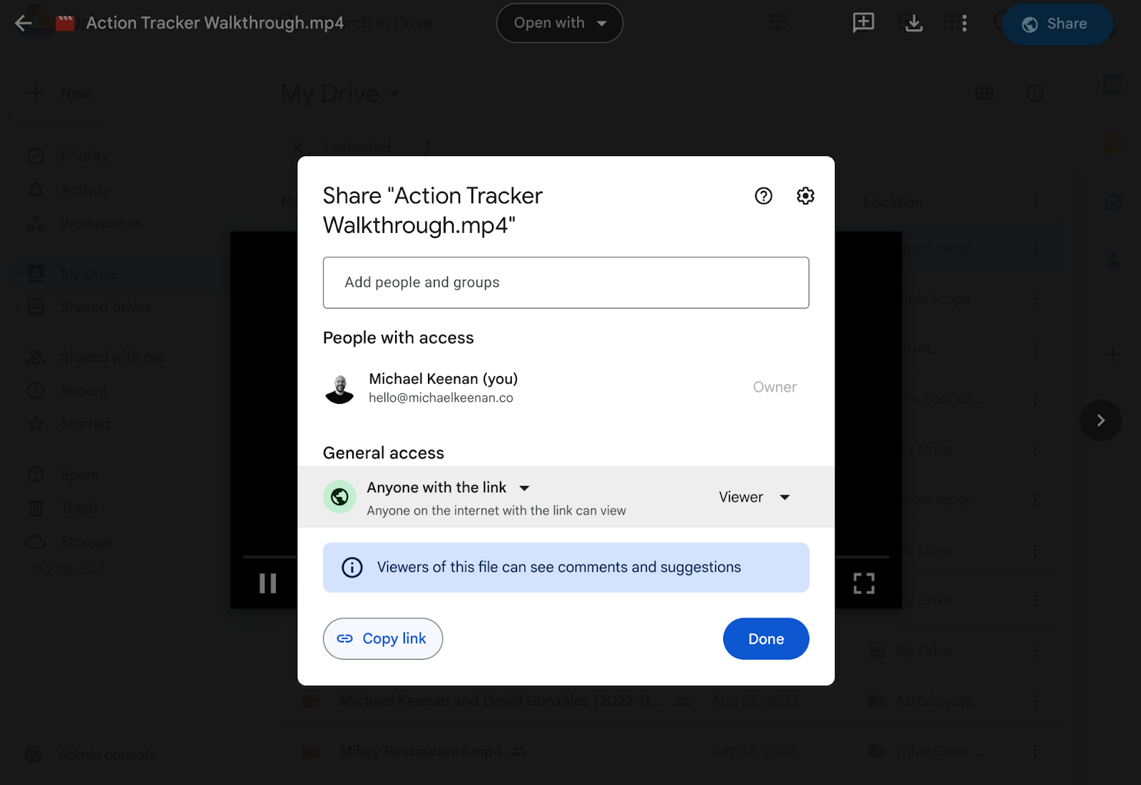 Generating a Share link in Google for a video.