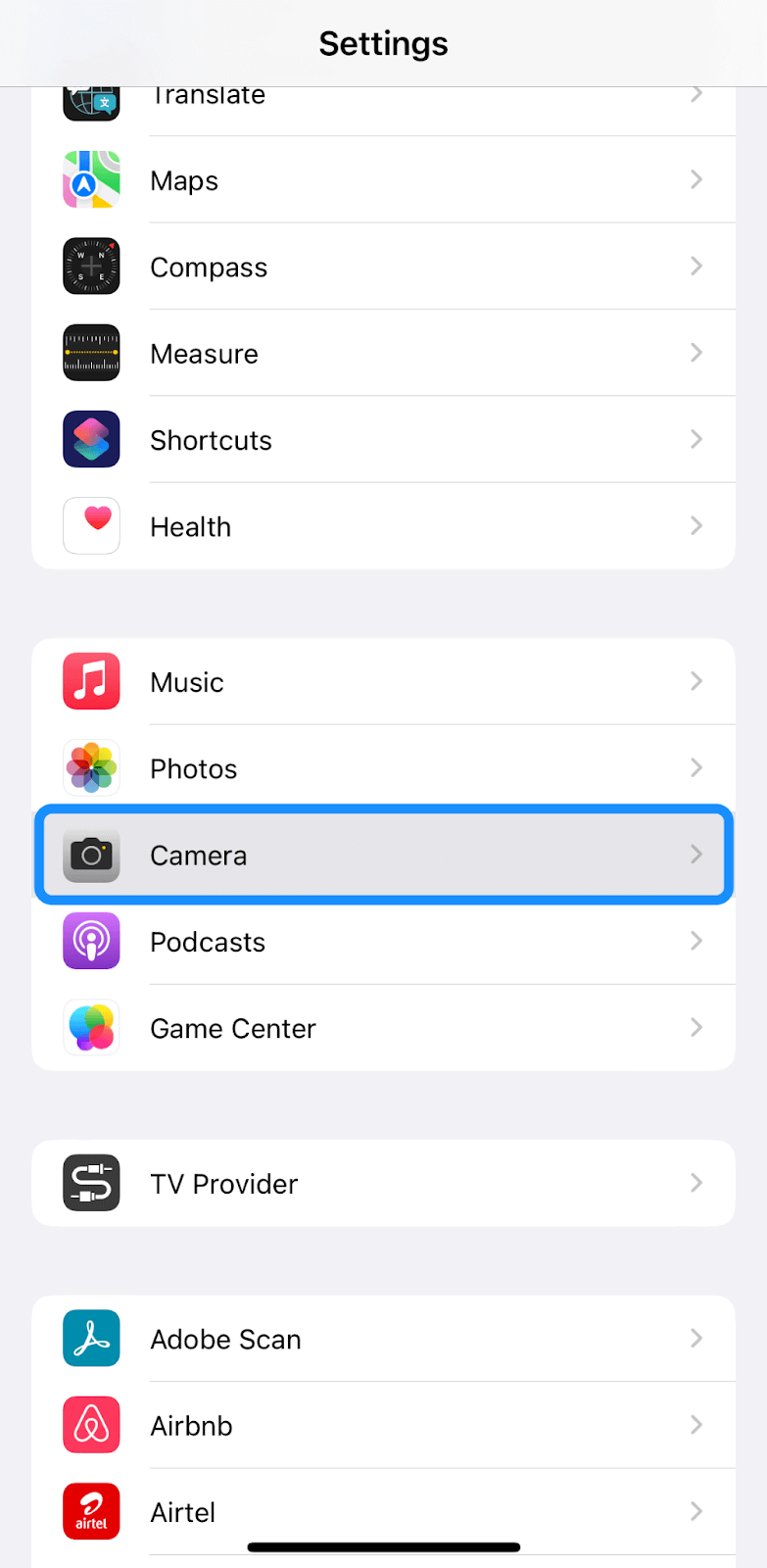 Selecting Camera from Settings menu