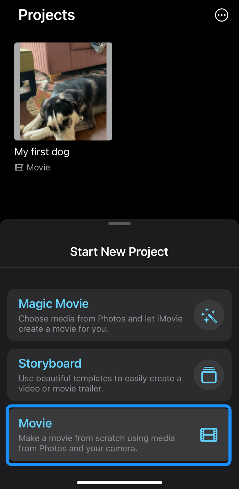 Choosing Movie option on iMovie app