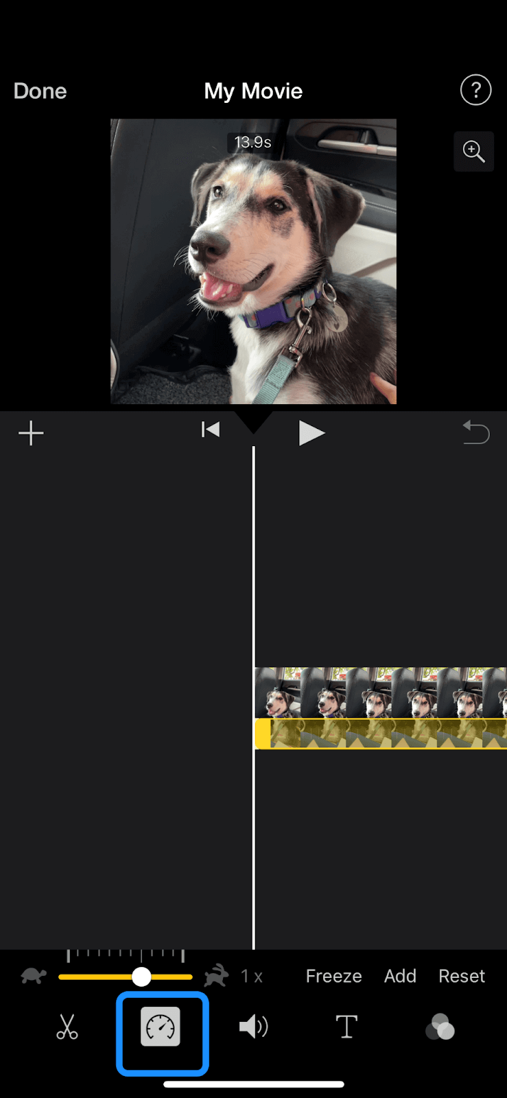  Selecting Speedometer icon in iMovie app