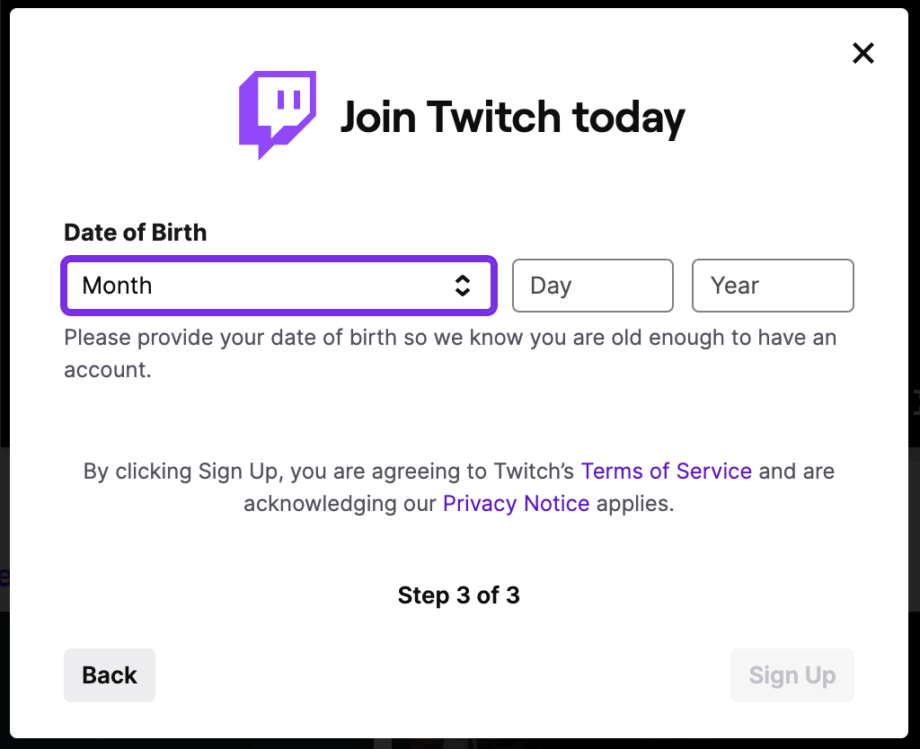 Adding birthday during Twitch account sign up
