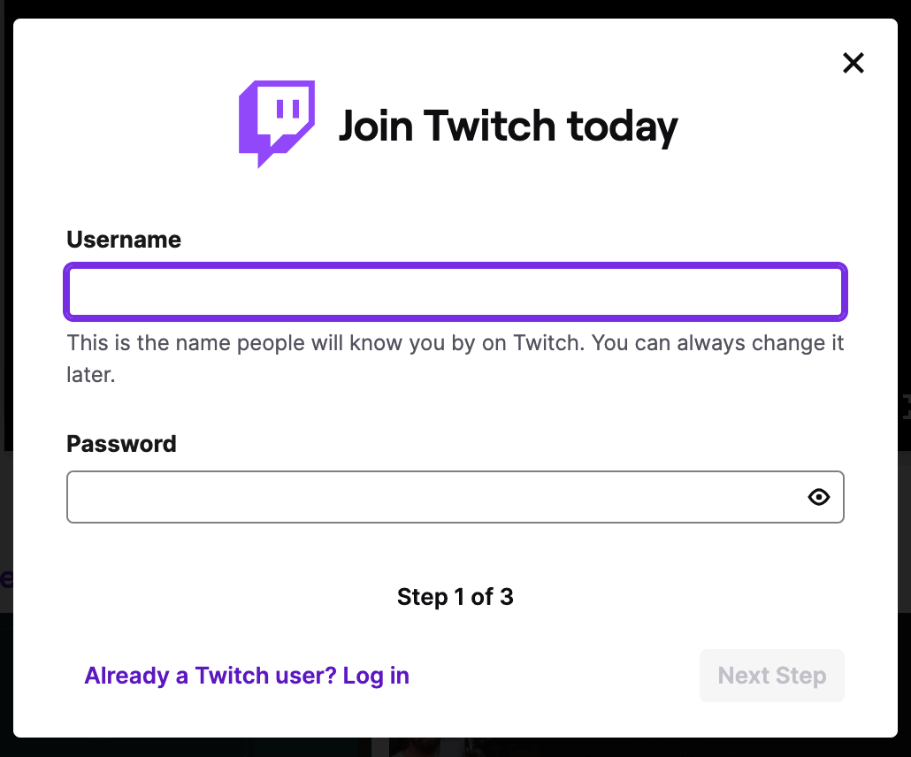 Sign up screen for Twitch account
